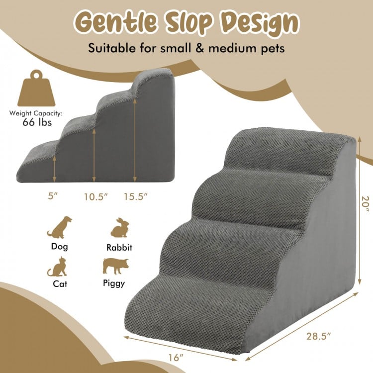 Three-tier gray foam dog steps with non-slip surface, designed for small pets to easily access furniture and.